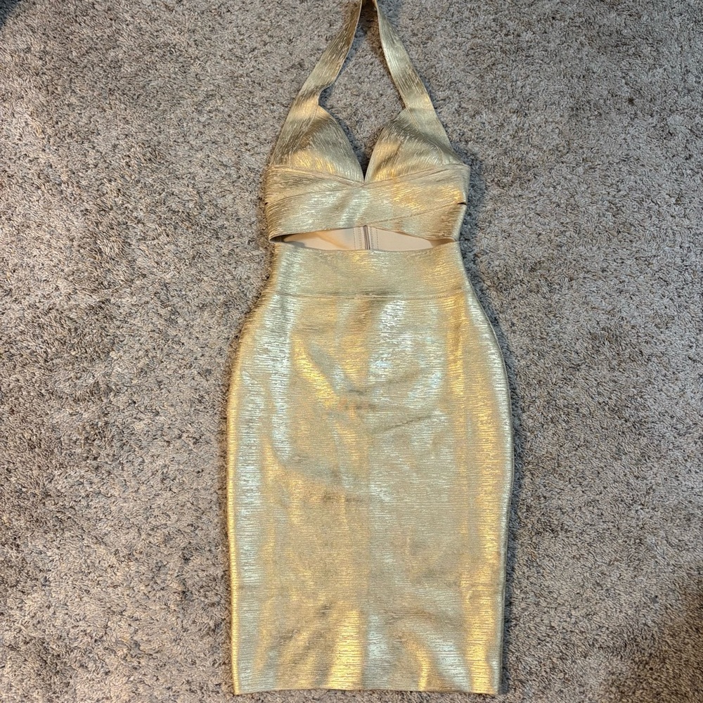 Rivir Metallic Gold Halter Cutout Mini Dress Size Small EUC